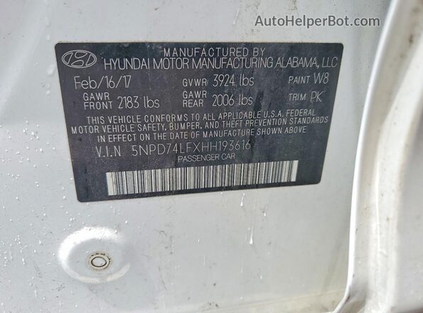 5NPD74LFXHH193616 2017 HYUNDAI ELANTRA White 