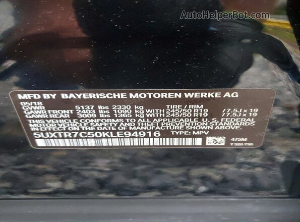 5UXTR7C50KLE94916 2019 BMW X3 Black Widok naklejki z numerem VIN