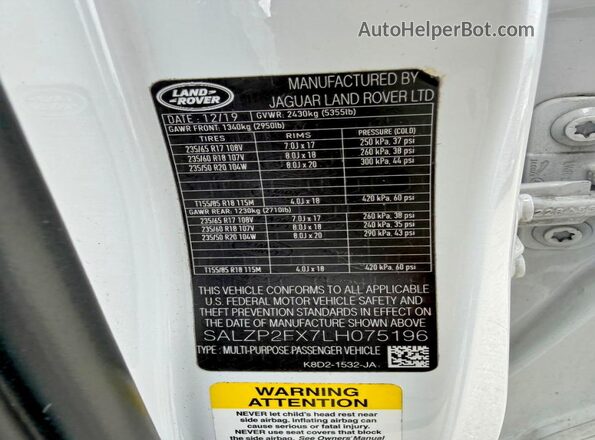 SALZP2FX7LH075196 2020 LAND ROVER RANGE ROVER White Rear interior view