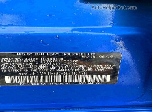 JF1VA1B60H9810770 2017 SUBARU WRX Синий Вид задней части салона