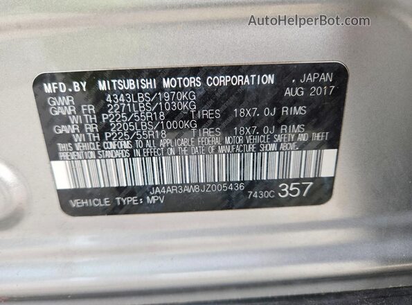 JA4AR3AW8JZ005436 2018 MITSUBISHI OUTLANDER Silver 