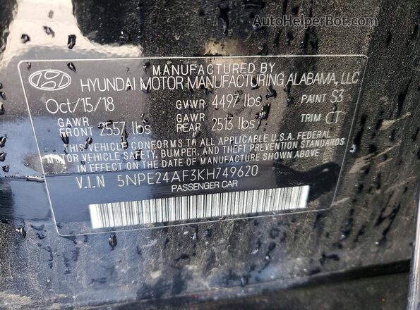 5NPE24AF3KH749620 2019 HYUNDAI SONATA Black Vista interior de 360 grados