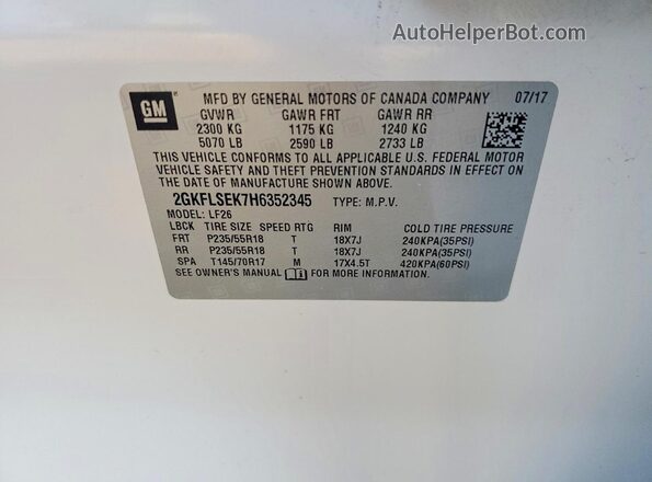 2GKFLSEK7H6352345 2017 GMC TERRAIN White Панорамний вид салону 360°