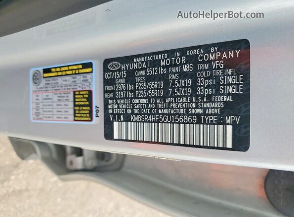KM8SR4HF5GU156869 2016 HYUNDAI SANTA Silver 