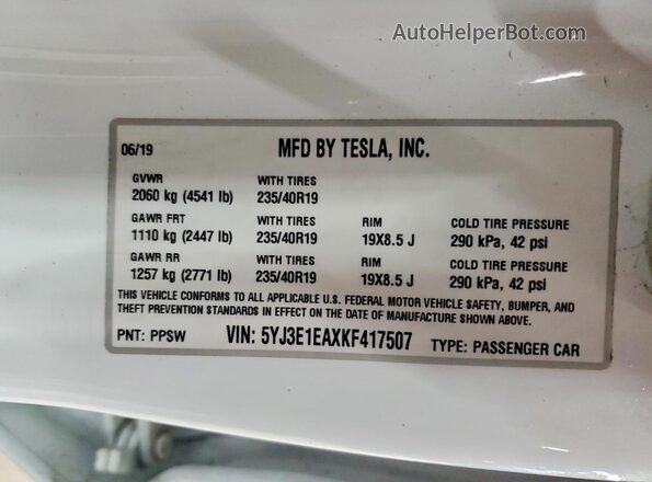 5YJ3E1EAXKF417507 2019 TESLA MODEL Белый 