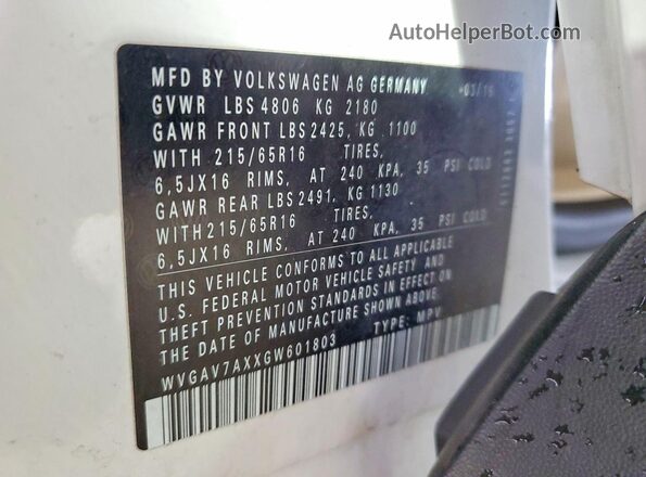 WVGAV7AXXGW601803 2016 VOLKSWAGEN TIGUAN Белый 