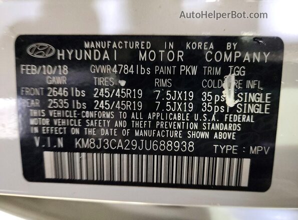 KM8J3CA29JU688938 2018 HYUNDAI TUCSON White 