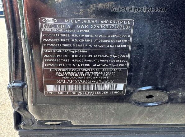 SALAK2V60GA810202 2016 LAND ROVER LR4 Черный 