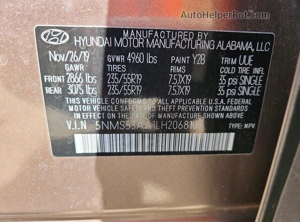5NMS53AA1LH206810 2020 HYUNDAI SANTA FE Gray Vista interior de 360 grados