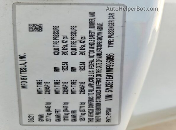 5YJ3E1EA1MF996096 2021 TESLA MODEL Белый 