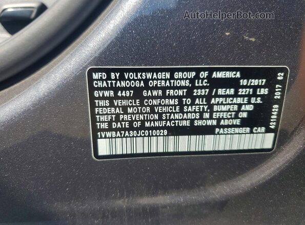 1VWBA7A30JC010029 2018 VOLKSWAGEN PASSAT Серый Вид наклейки с VIN-кодом
