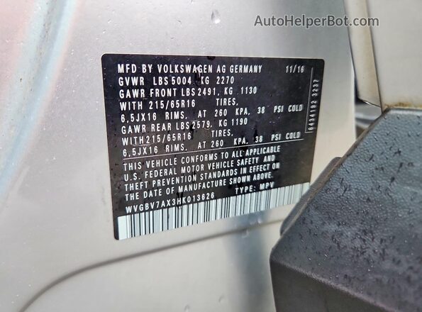 WVGBV7AX3HK013626 2017 VOLKSWAGEN TIGUAN Silver 
