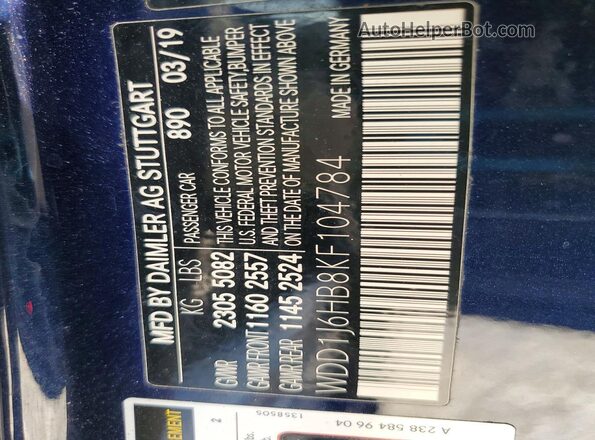 WDD1J6HB8KF104784 2019 MERCEDES-BENZ E Blue 