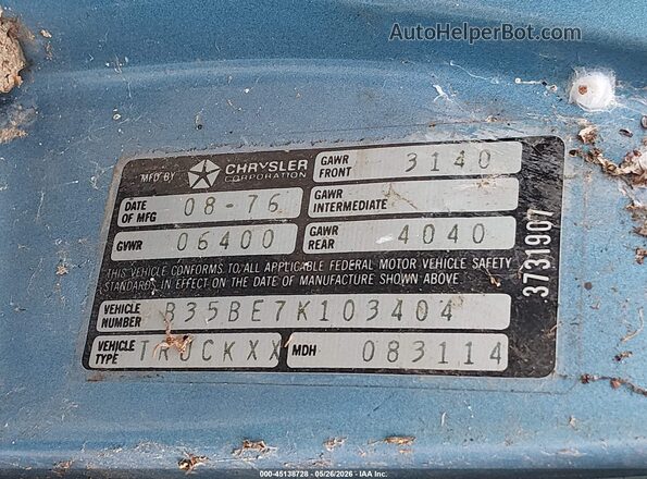 B35BE7K103404     1977 DODGE VAN TR Синий 