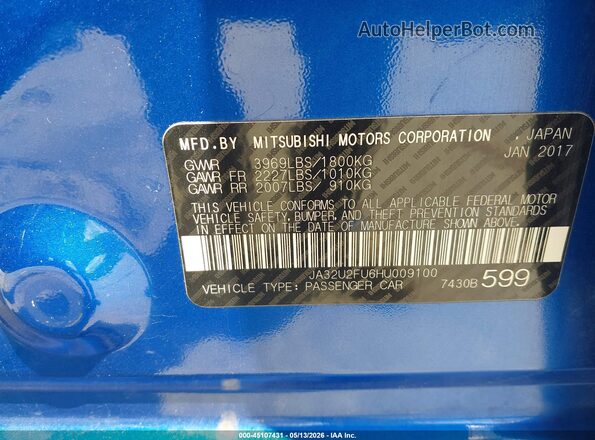 JA32U2FU6HU009100 2017 MITSUBISHI LANCER Blue Вид підкапотного простору