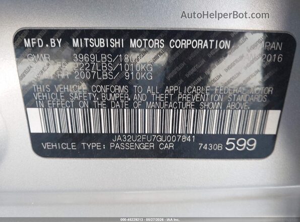 JA32U2FU7GU007841 2016 MITSUBISHI LANCER Silver Widok komory silnika