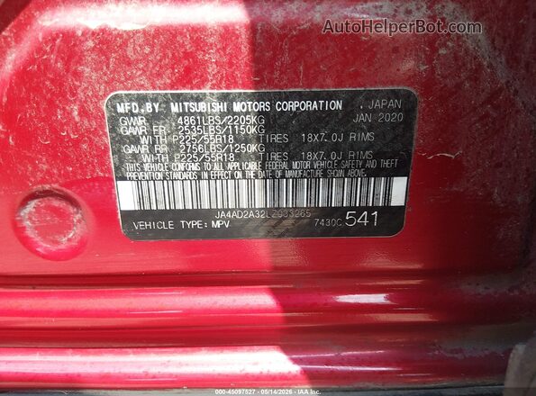 JA4AD2A32LZ033265 2020 MITSUBISHI OUTLANDER Red 
