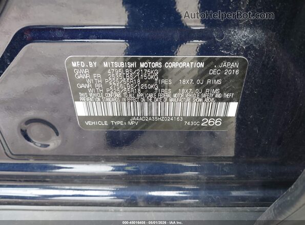 JA4AD2A35HZ024163 2017 MITSUBISHI OUTLANDER Blue Вид підкапотного простору