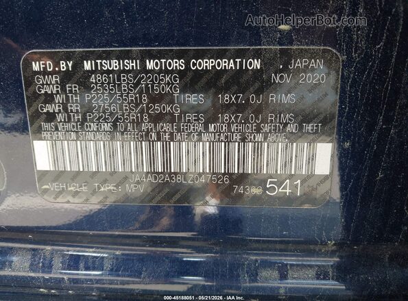JA4AD2A38LZ047526 2020 MITSUBISHI OUTLANDER Blue Engine compartment view