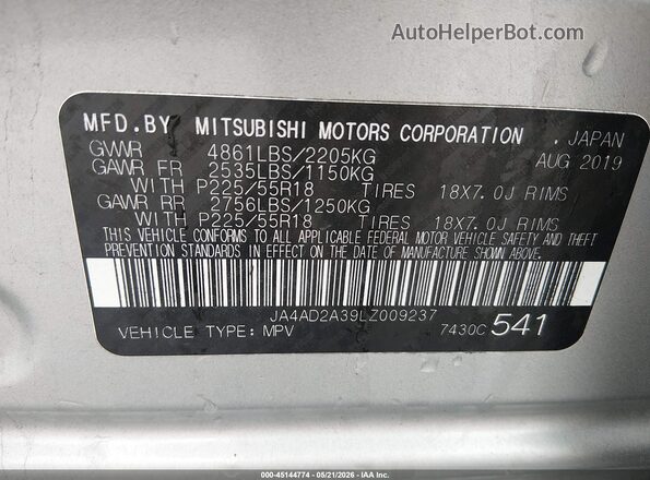 JA4AD2A39LZ009237 2020 MITSUBISHI OUTLANDER Silver Շարժիչի բաժամունքի տեսք