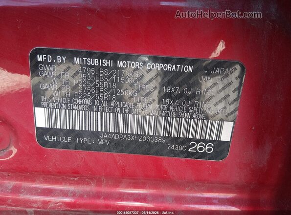 JA4AD2A3XHZ033389 2017 MITSUBISHI OUTLANDER Red Vista del compartimento del motor