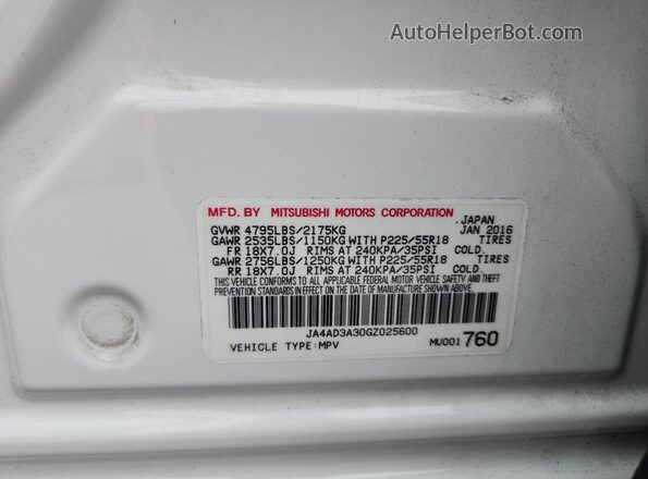 JA4AD3A30GZ025600 2016 MITSUBISHI OUTLANDER White Widok naklejki z numerem VIN
