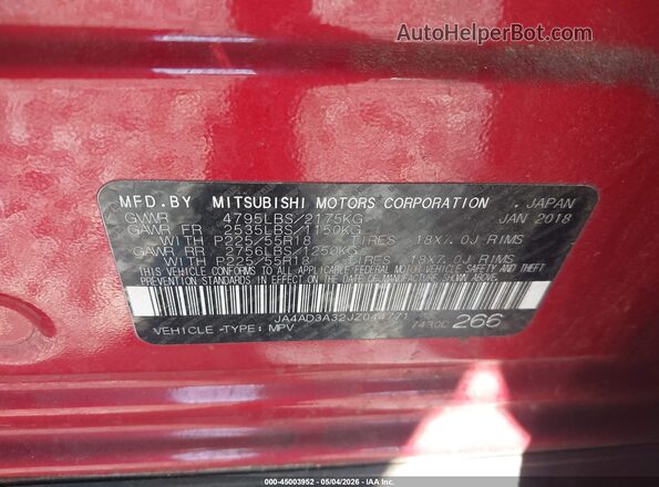 JA4AD3A32JZ044771 2018 MITSUBISHI OUTLANDER Red Vista del compartimento del motor