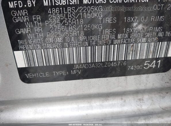 JA4AD3A32LZ045776 2020 MITSUBISHI OUTLANDER Silver Engine compartment view