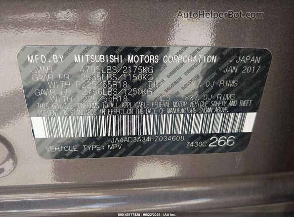 JA4AD3A34HZ034608 2017 MITSUBISHI OUTLANDER Brown ძრავის განყოფილების ხედი