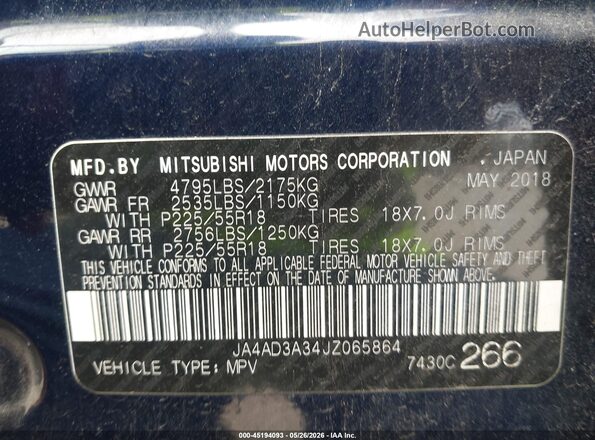 JA4AD3A34JZ065864 2018 MITSUBISHI OUTLANDER Blue Շարժիչի բաժամունքի տեսք