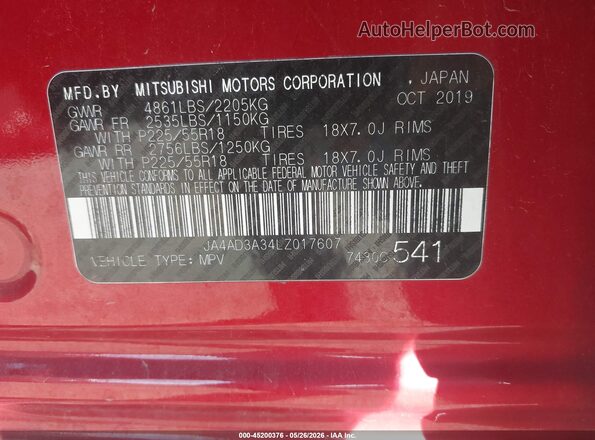 JA4AD3A34LZ017607 2020 MITSUBISHI OUTLANDER Red Engine compartment view