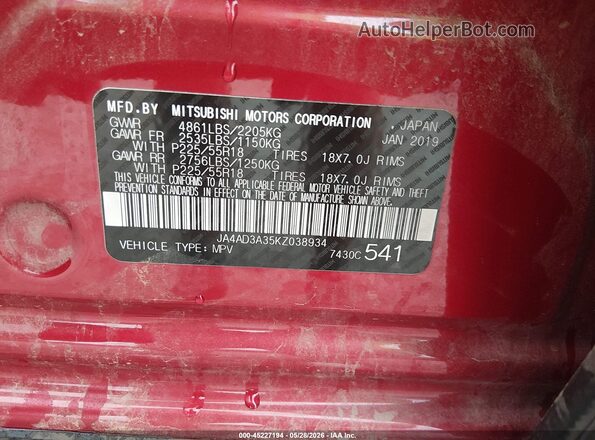 JA4AD3A35KZ038934 2019 MITSUBISHI OUTLANDER Red Շարժիչի բաժամունքի տեսք