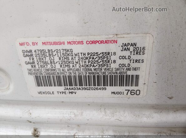 JA4AD3A39GZ026499 2016 MITSUBISHI OUTLANDER White Շարժիչի բաժամունքի տեսք