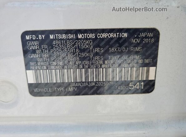 JA4AD3A39KZ025975 2019 MITSUBISHI OUTLANDER White 