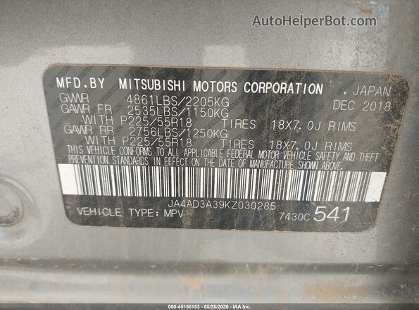 JA4AD3A39KZ030285 2019 MITSUBISHI OUTLANDER Silver Շարժիչի բաժամունքի տեսք