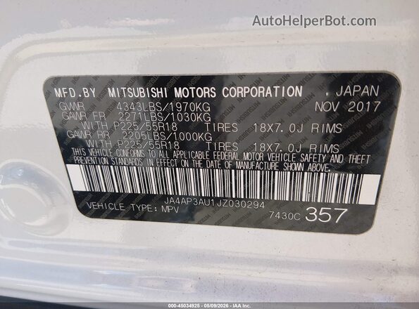 JA4AP3AU1JZ030294 2018 MITSUBISHI OUTLANDER SPORT White 