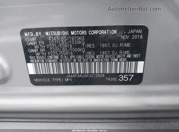 JA4AP3AU2KU012806 2019 MITSUBISHI OUTLANDER SPORT Gray 