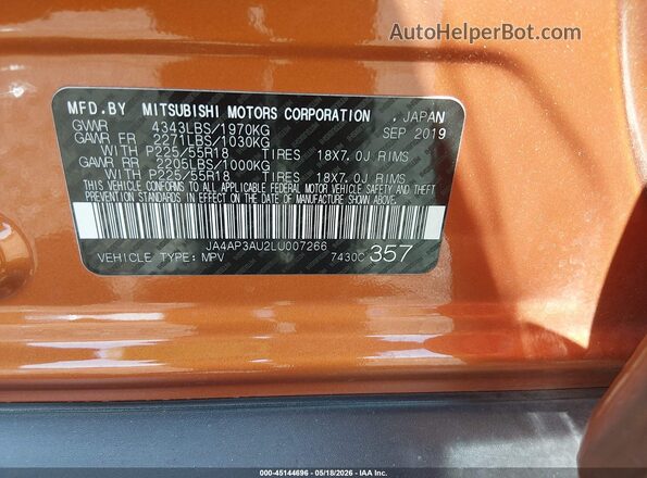 JA4AP3AU2LU007266 2020 MITSUBISHI OUTLANDER SPORT Orange ძრავის განყოფილების ხედი