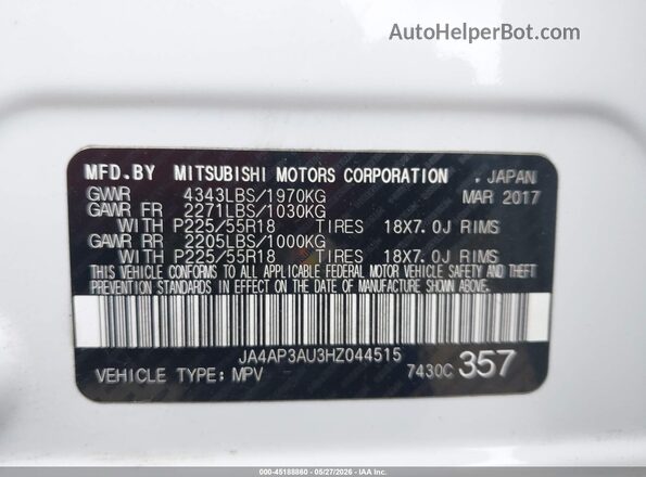 JA4AP3AU3HZ044515 2017 MITSUBISHI OUTLANDER SPORT Белый Вид подкапотного пространства
