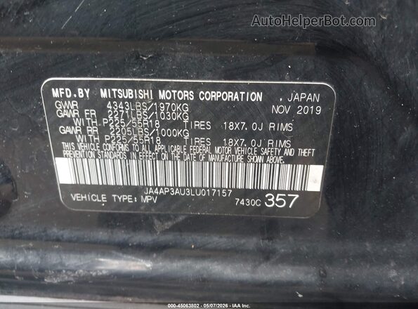 JA4AP3AU3LU017157 2020 MITSUBISHI OUTLANDER SPORT Black Вид підкапотного простору