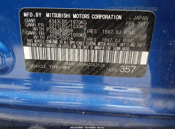 JA4AP3AU4HZ042126 2017 MITSUBISHI OUTLANDER SPORT Blue ძრავის განყოფილების ხედი