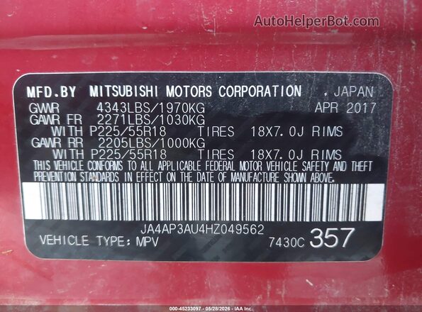 JA4AP3AU4HZ049562 2017 MITSUBISHI OUTLANDER SPORT Красный Вид подкапотного пространства