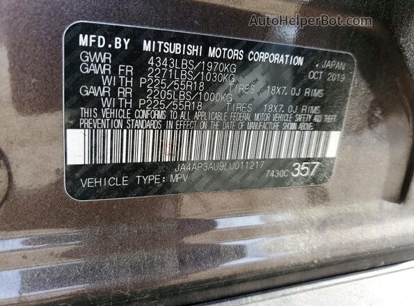 JA4AP3AU9LU011217 2020 MITSUBISHI OUTLANDER Brown Vista de la etiqueta del VIN