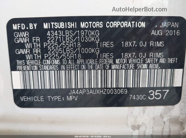 JA4AP3AUXHZ003069 2017 MITSUBISHI OUTLANDER SPORT White 