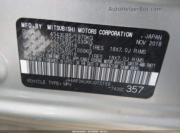 JA4AP3AUXKU015159 2019 MITSUBISHI OUTLANDER SPORT Silver ძრავის განყოფილების ხედი