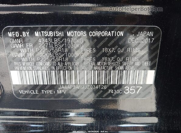 JA4AP3AW9JZ034126 2018 MITSUBISHI OUTLANDER SPORT Black Շարժիչի բաժամունքի տեսք