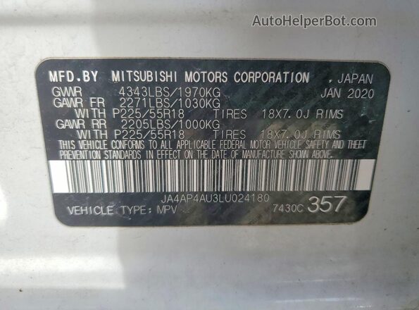 JA4AP4AU3LU024180 2020 MITSUBISHI OUTLANDER White VIN კოდის სტიკერის ხედი
