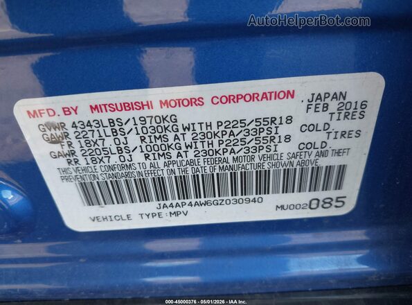 JA4AP4AW6GZ030940 2016 MITSUBISHI OUTLANDER SPORT Blue Vista del compartimento del motor