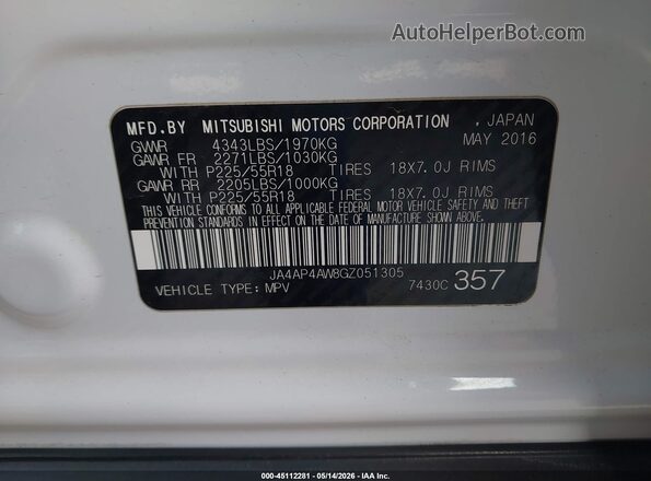 JA4AP4AW8GZ051305 2016 MITSUBISHI OUTLANDER SPORT White Vista del compartimento del motor
