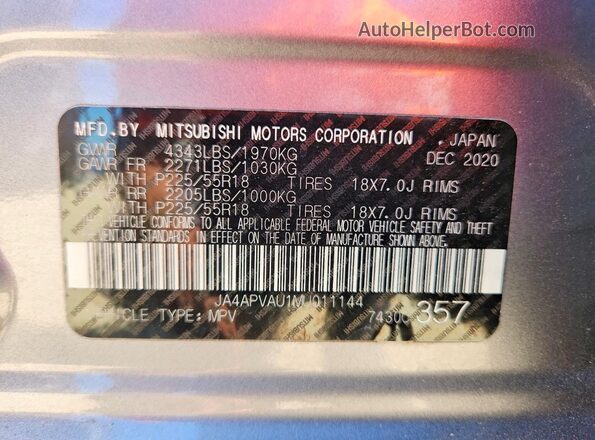 JA4APVAU1MU011144 2021 MITSUBISHI OUTLANDER Gray 